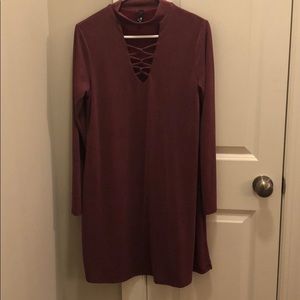 Plum colored long sleeve dress with neck detail